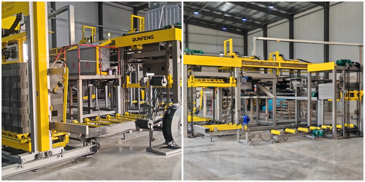 Automatisches Palettiersystem f&uuml;r die vollautomatische Produktionslinie f&uuml;r Betonprodukte von Qunfeng Machinery.